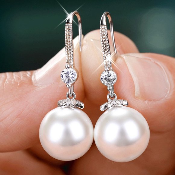 NEW Silver Round Diamond Pearl Drop Hook Earrings - Picture 1 of 5